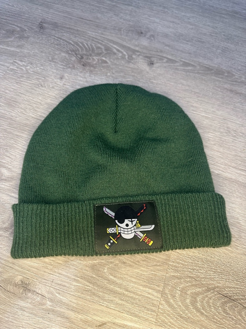 Green Knit Beanie with Skull & Swords Patch